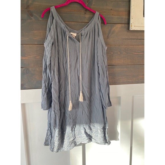 Knox Rose Gray Cold Shoulder Tassel Tie Dress Boho Embroidered Hem Size L - Picture 2 of 7